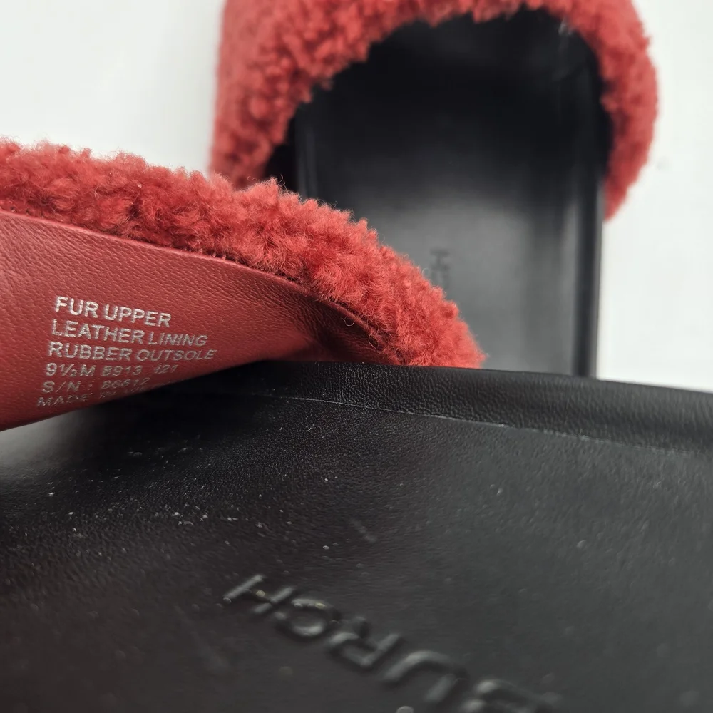 Tory Burch Double T Shearling Flatform Slide Sandals in a vibrant red and cream